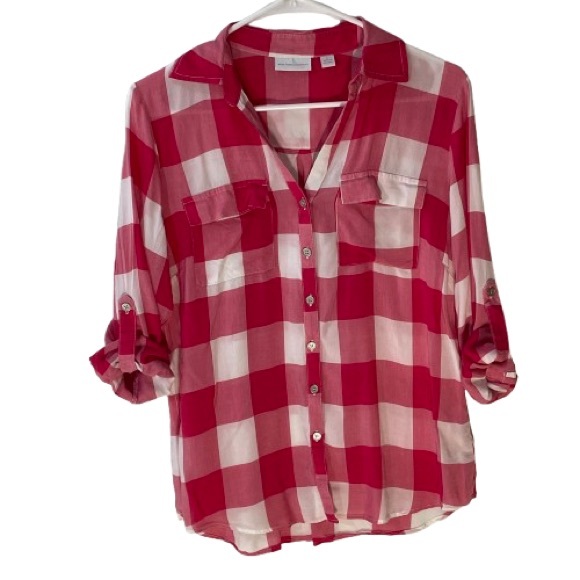 New York & Company Tops - Medium Red & White Plaid V Neck Soft Button-Up Blouse Adjustable Sleeves